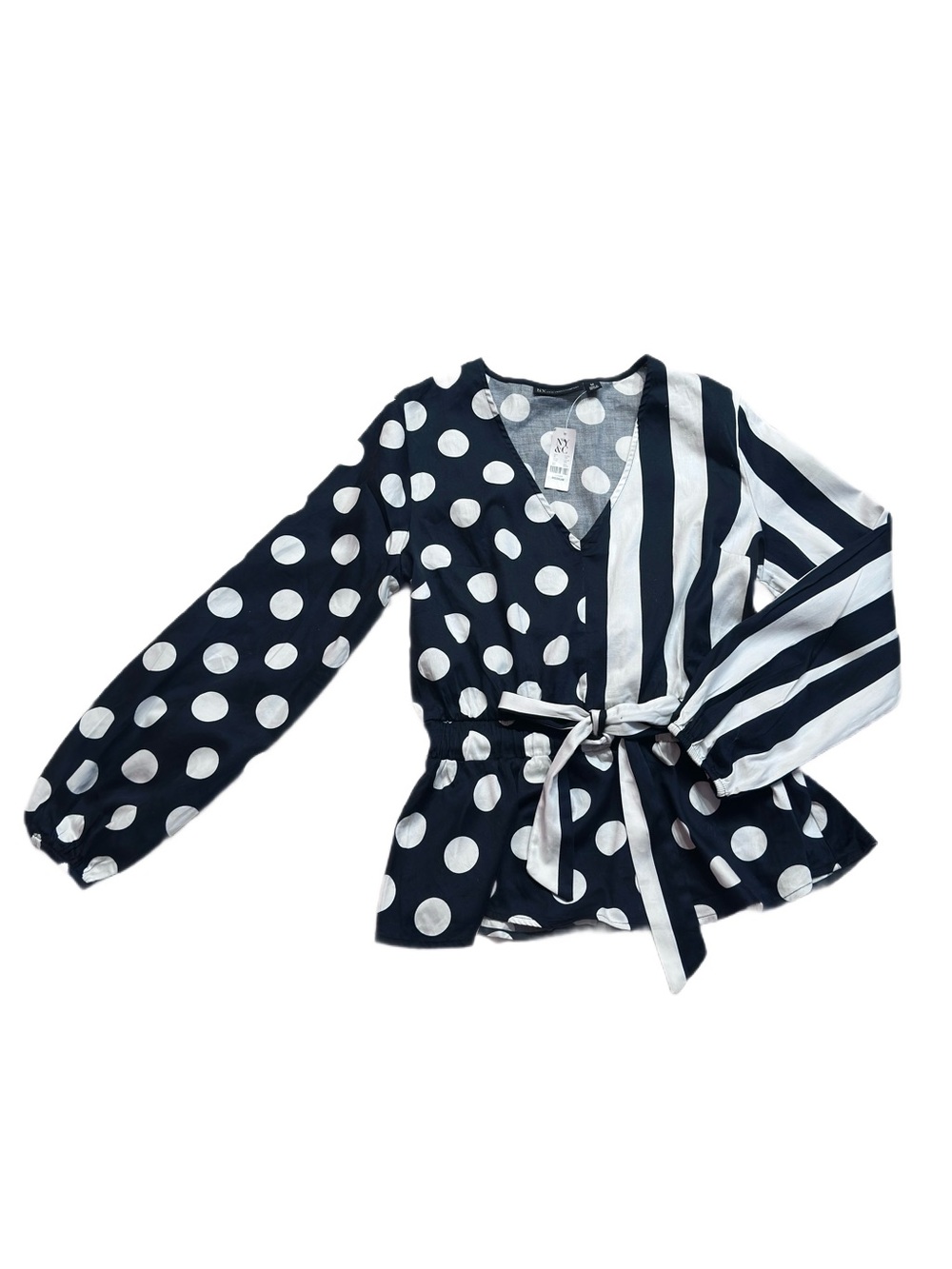 New York & Company Black and White Polka Dot & Stripe Top w/Elastic Tie Waist - Picture 8 of 9